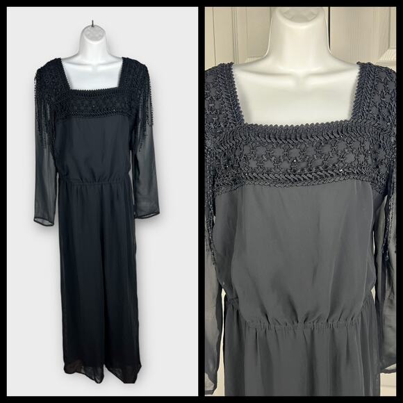 Spencer Alexis Elegant Sheer Black Embroidered Evening Wide Leg Jumpsuit 10/M - Picture 1 of 8
